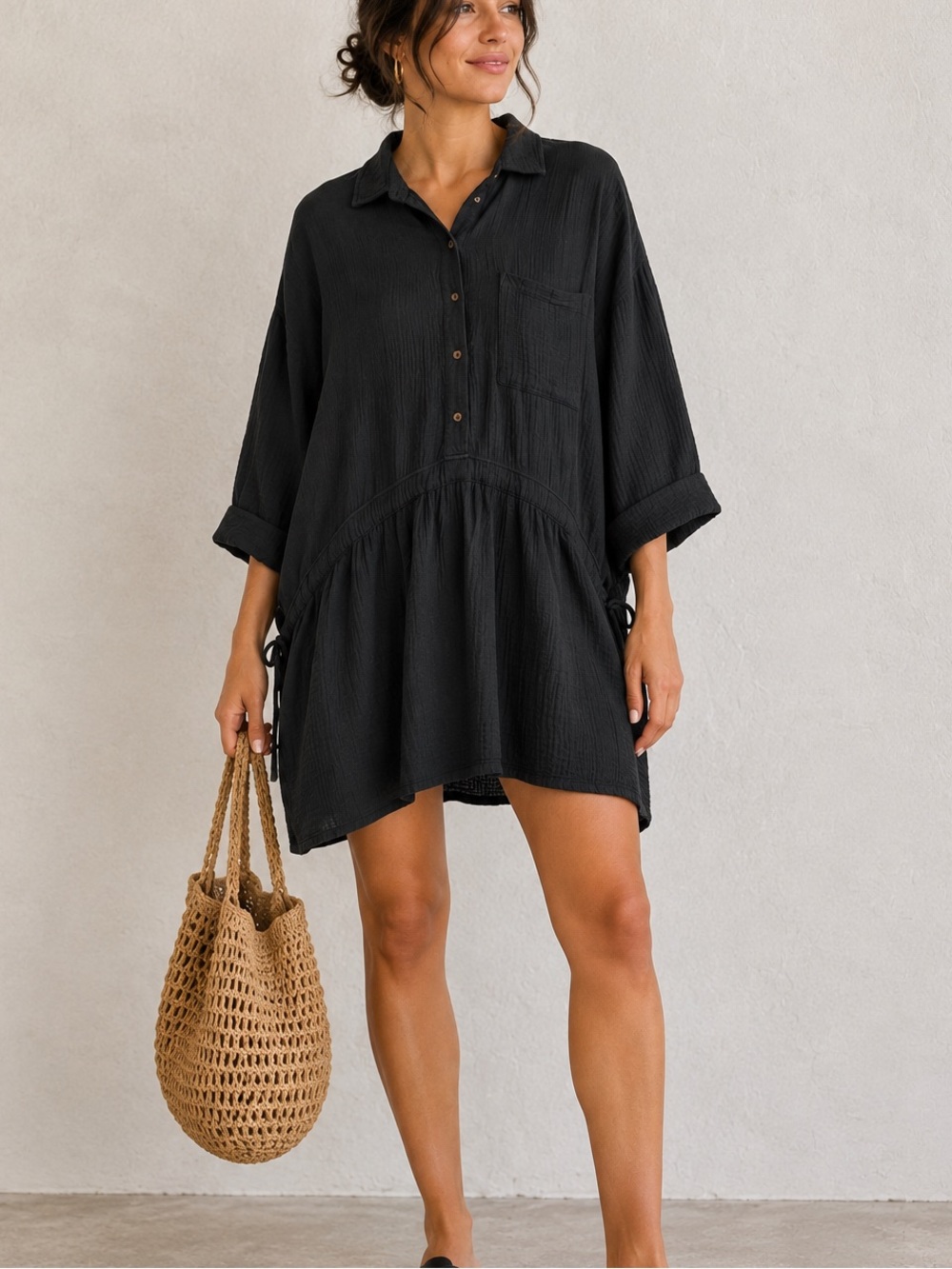 Mikuta Black Gauze Oversized Tunic Shirt Dress Drawstring Boho One Size